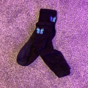black and blue butterfly socks